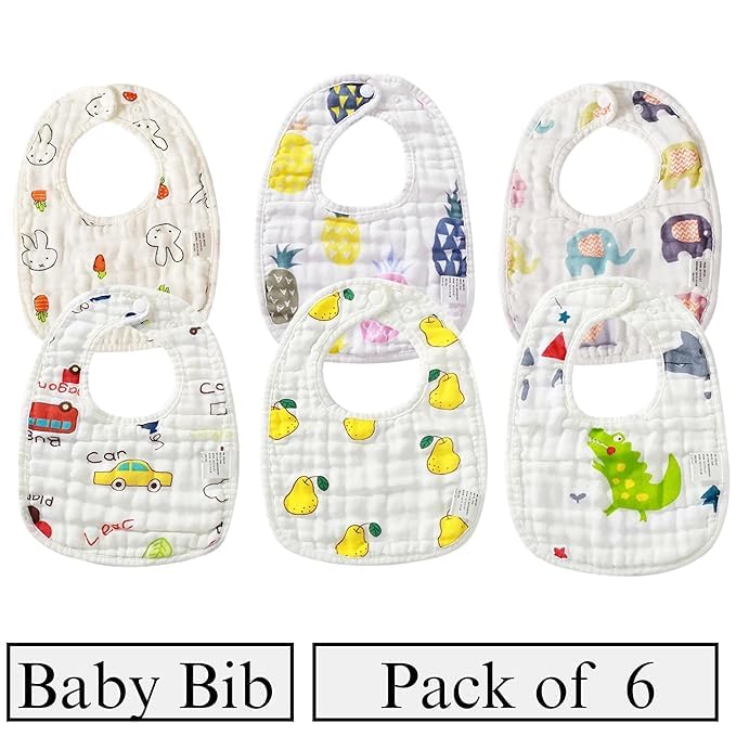 Pack of 6 baby bibs with various patterns on a white background