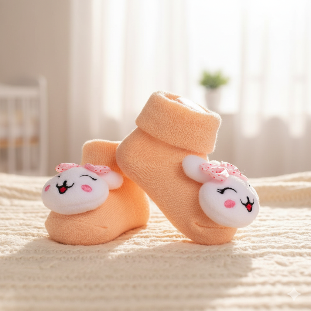 Pair of baby socks with cartoon face design on a soft surface