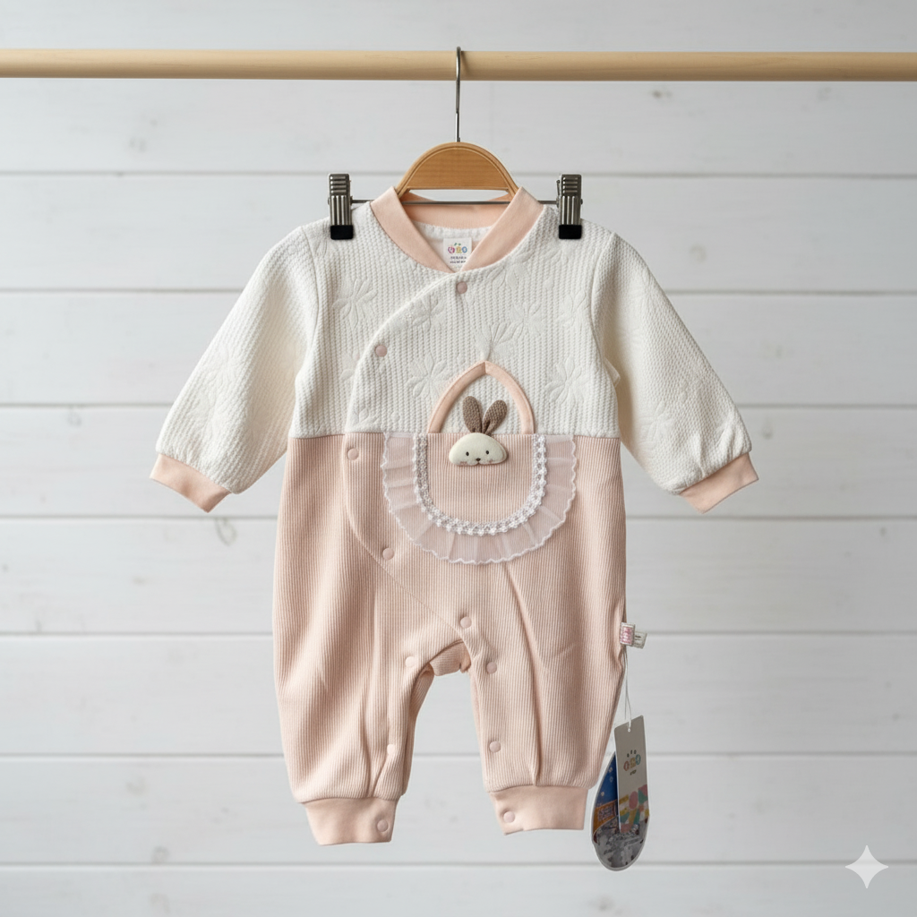 Baby romper with bunny design hanging on a wooden rod against a light wooden panel background