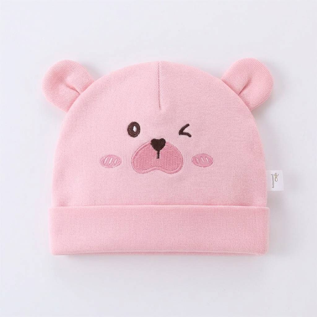 Pink baby hat with bear ears and face on a light gray background