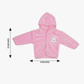 Pink baby jacket with dimensions on a white background