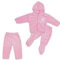 Pink baby outfit with a hood and matching pants on a white background
