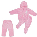 Pink baby outfit with a hood and matching pants on a white background