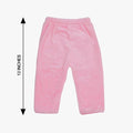 Pink baby pants with a measurement label on a white background