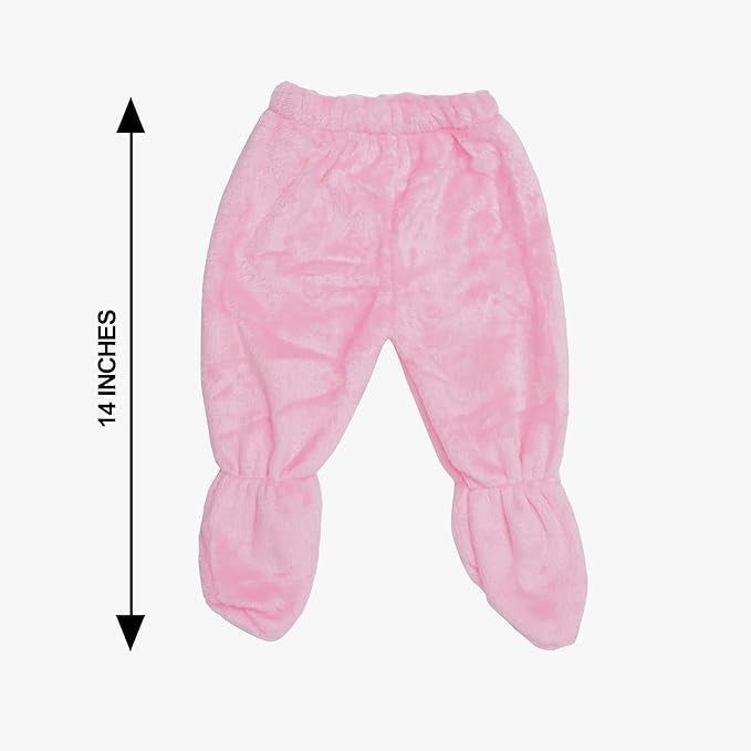 Pink baby pants with footies on a white background, showing a measurement of 14 inches.