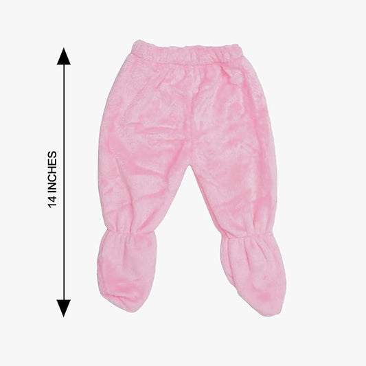 Pink baby pants with footies on a white background, showing a measurement of 14 inches.