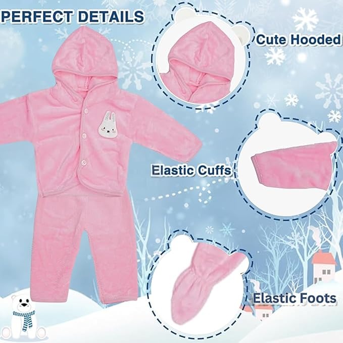 Pink baby snowsuit with hood, elastic cuffs, and feet on a snowy background
