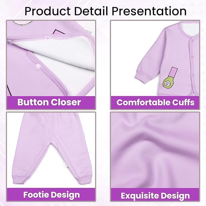 Purple baby onesie with features highlighted on a white background