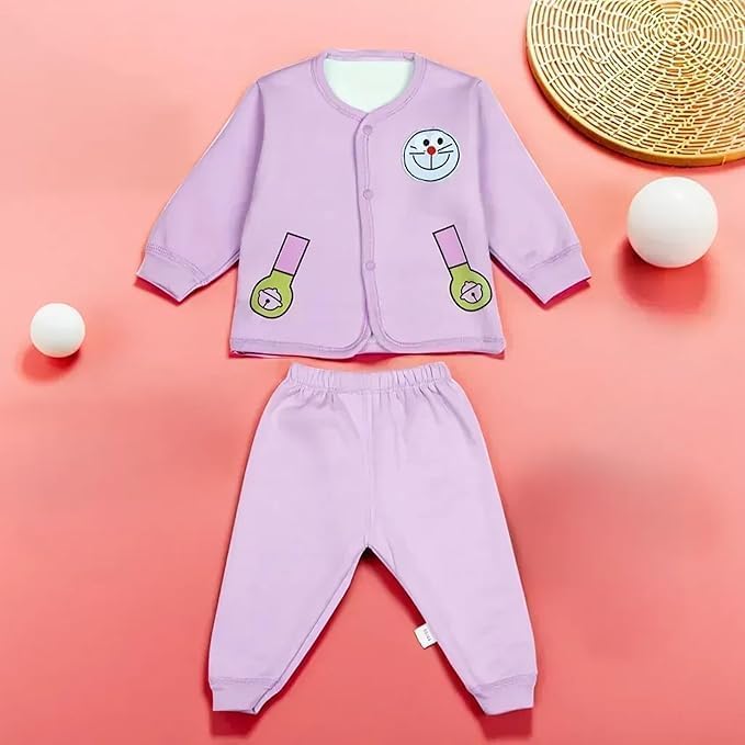 Purple baby outfit with cartoon designs on a pink background