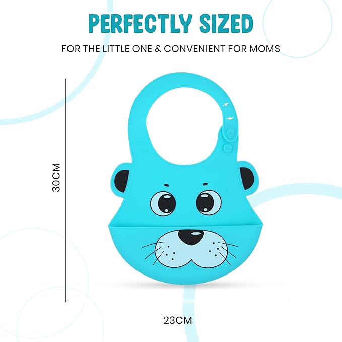 Blue children's bib with cartoon design and measurements on a white background