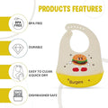 Baby bib with cartoon burger design on a white background with features listed.