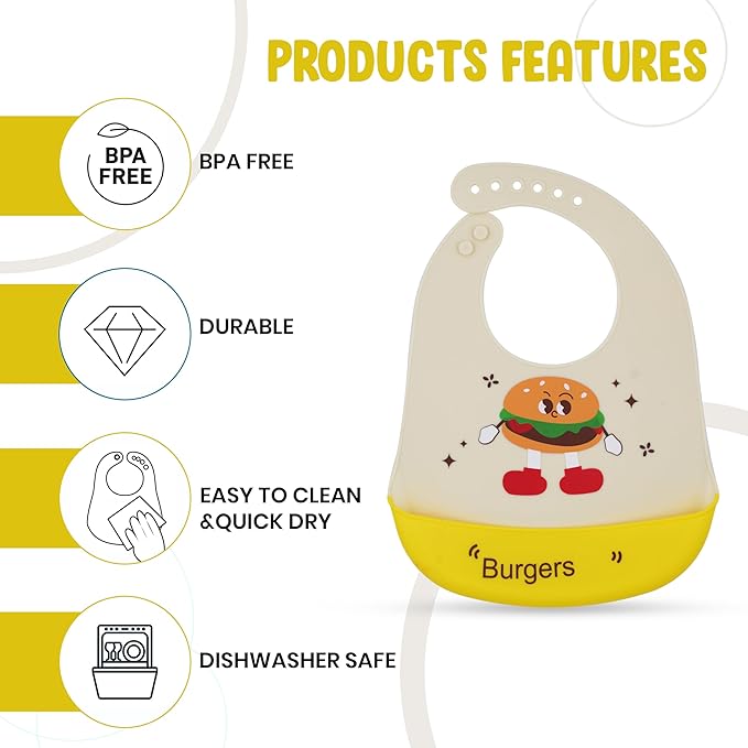 Baby bib with cartoon burger design on a white background with features listed.