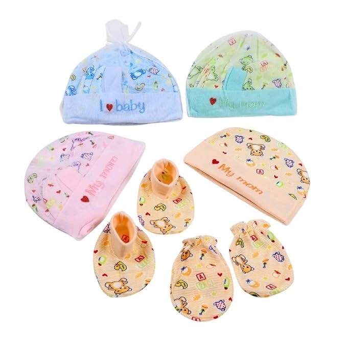 Set of baby hats and booties with colorful patterns on a white background