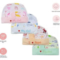 Set of baby hats with various designs and text on a white background