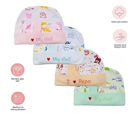 Set of baby hats with various designs and text on a white background