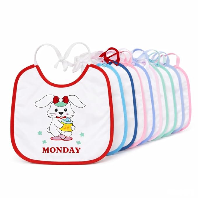 Set of colorful baby bibs with cartoon dog design and 'MONDAY' text on a white background