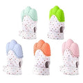 Set of five baby mittens with colorful crowns on a white background