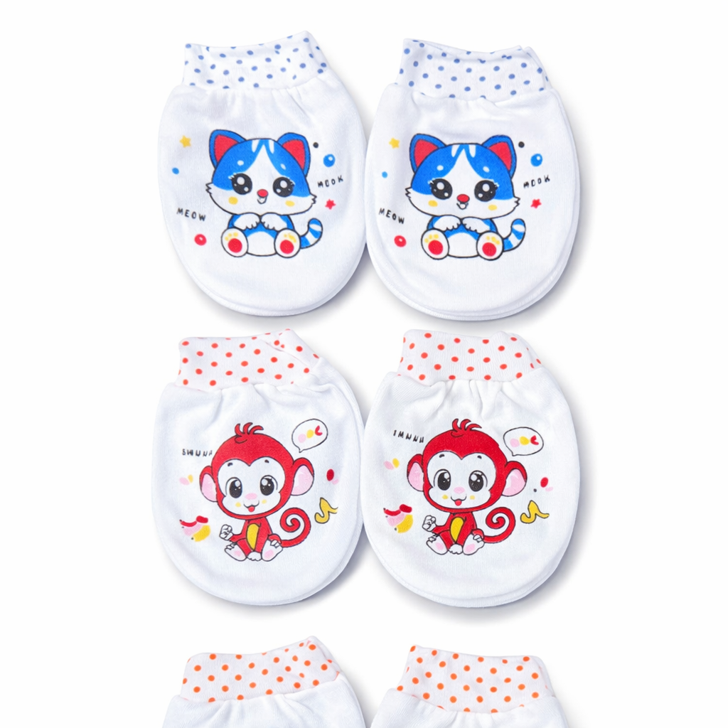 Set of four baby booties with cartoon cat and monkey designs on a white background