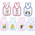 Set of six cartoon-themed bibs with days of the week on a white background