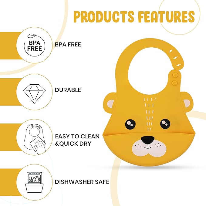 Yellow children's bib with bear design and product features listed on a white background