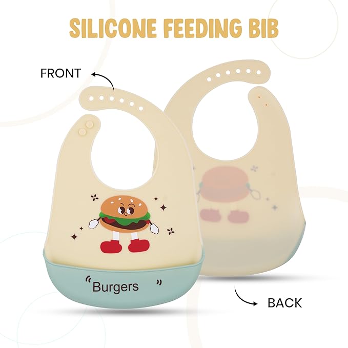 Silicone feeding bib with cartoon burger design on a white background