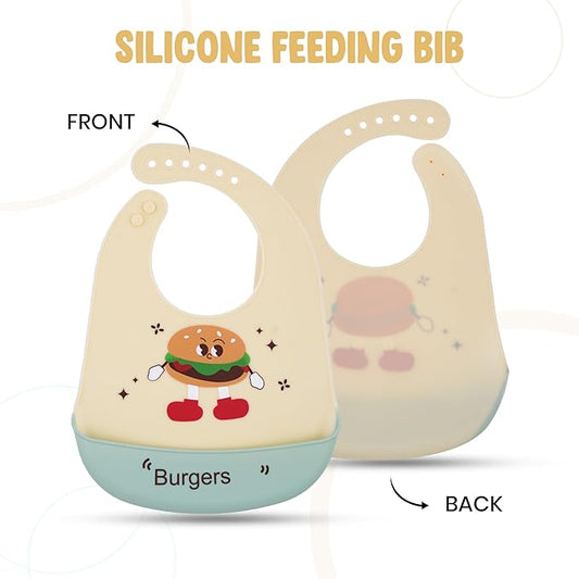 Silicone feeding bib with cartoon burger design on a white background