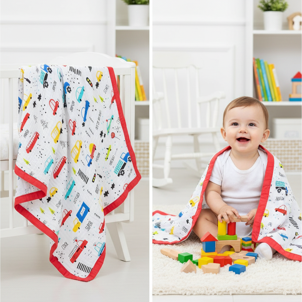 Baby blanket with vehicle pattern on a crib and a baby playing with blocks on the floor.