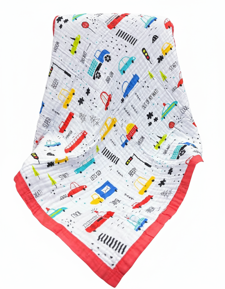 Baby blanket with colorful car pattern on a white background