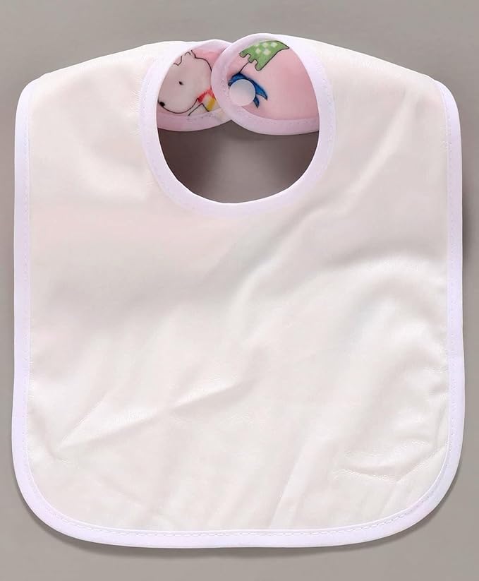 White baby bib with cartoon character on a gray background