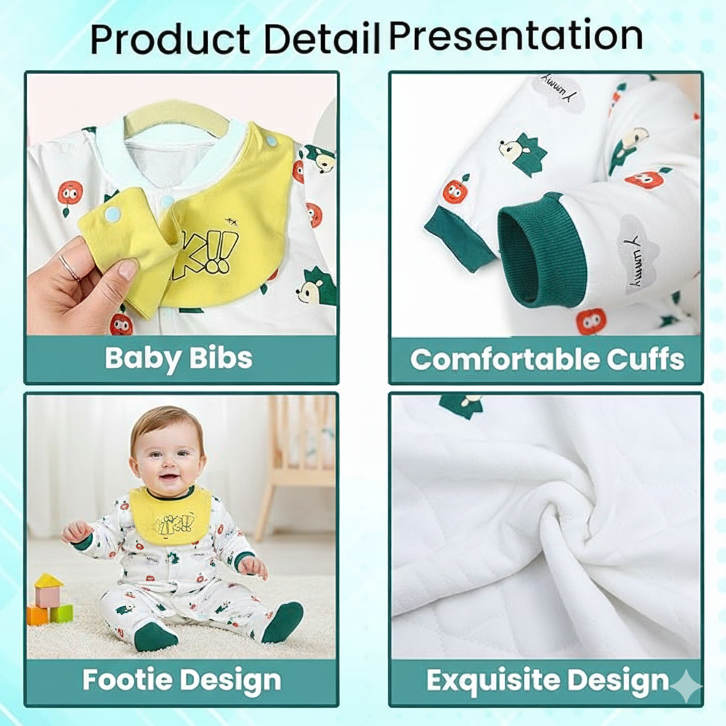 Product detail presentation of baby bibs, comfortable cuffs, footie design, and exquisite design.