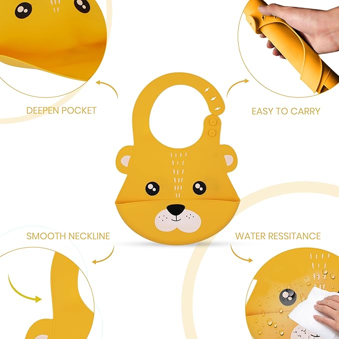 Yellow baby bib with cartoon face design, shown from different angles on a white background.