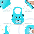 Blue animal-shaped bib with features highlighted on a white background
