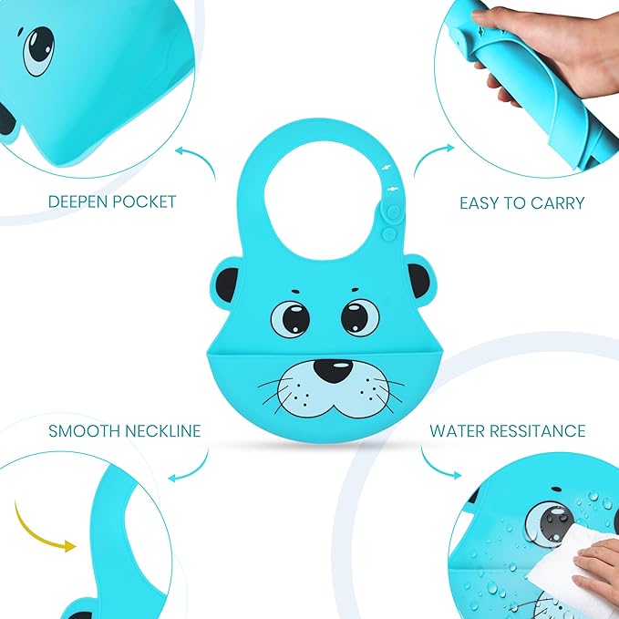 Blue animal-shaped bib with features highlighted on a white background
