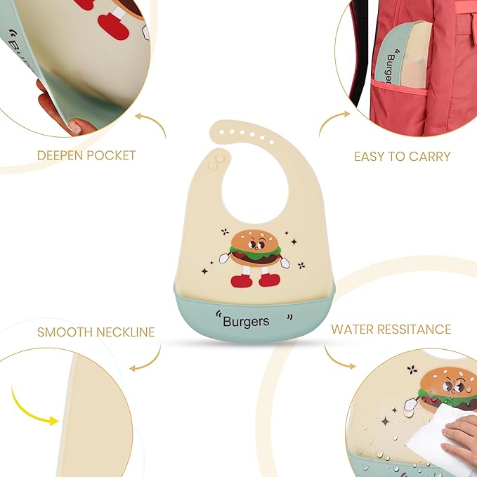 Baby bib with burger design, features highlighted on a white background