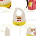 Baby bib with burger design, featuring text on its features.