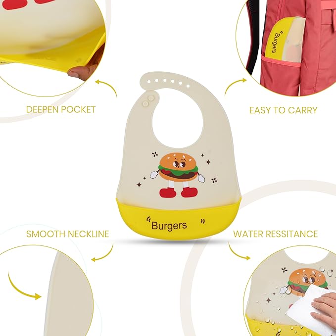 Baby bib with burger design, featuring text on its features.
