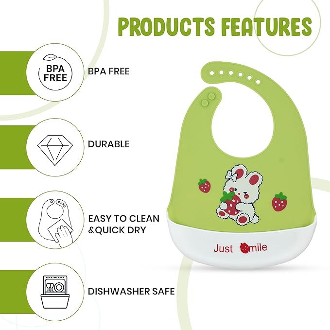 Green baby bib with cartoon design and product features listed on a white background