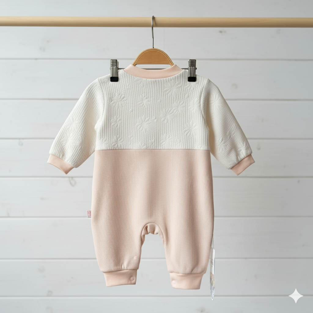 Baby romper with white top and beige bottom on a hanger against a light wooden background