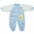 Blue baby snowsuit with teddy bear design and 'Happy' text on a white background