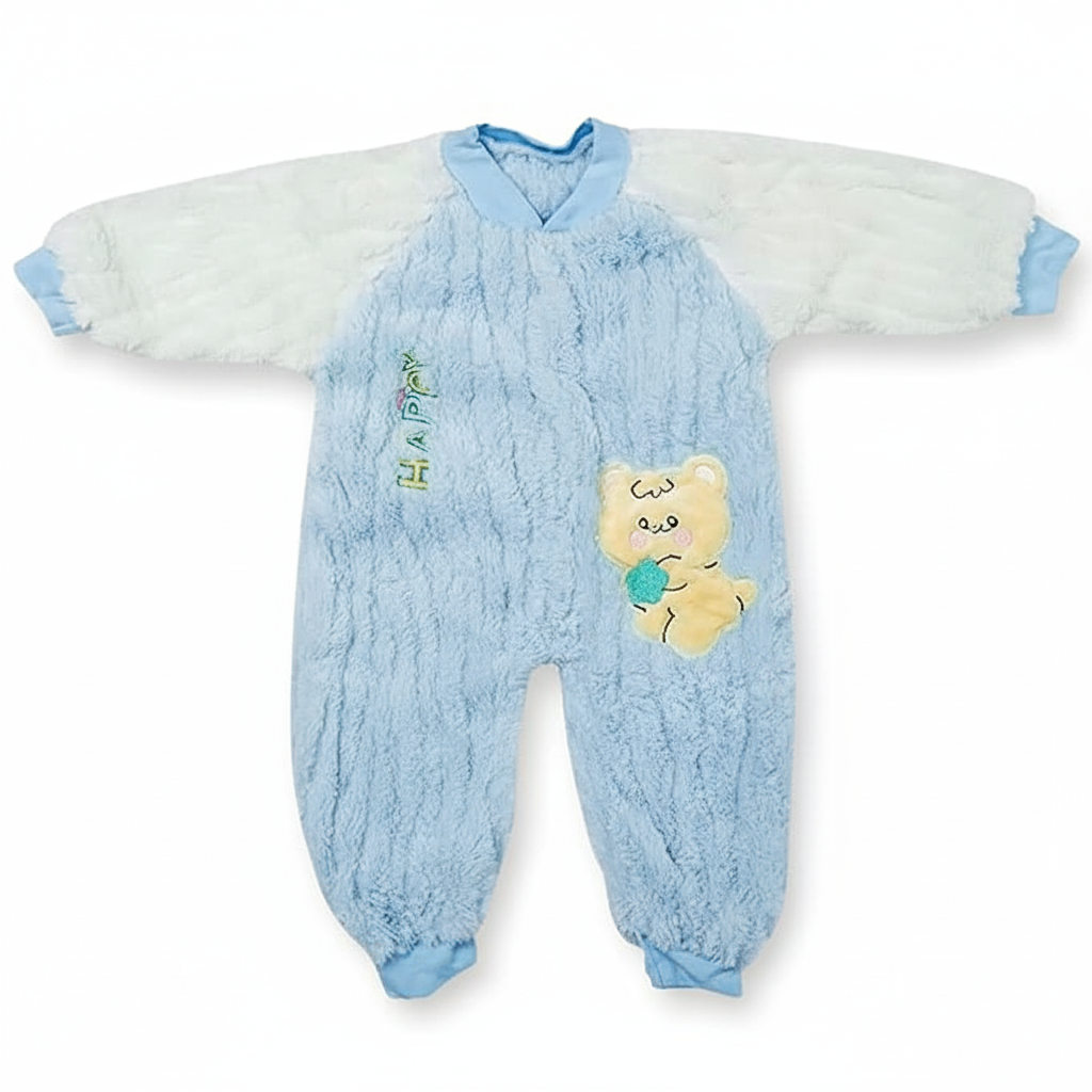 Blue baby snowsuit with teddy bear design and 'Happy' text on a white background