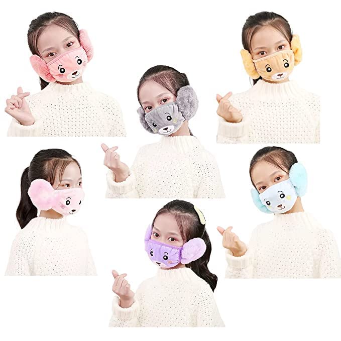Collage of a child wearing various animal-themed face masks with earmuffs.