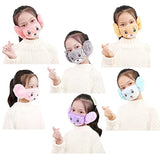 Collage of a child wearing various animal-themed face masks with earmuffs.