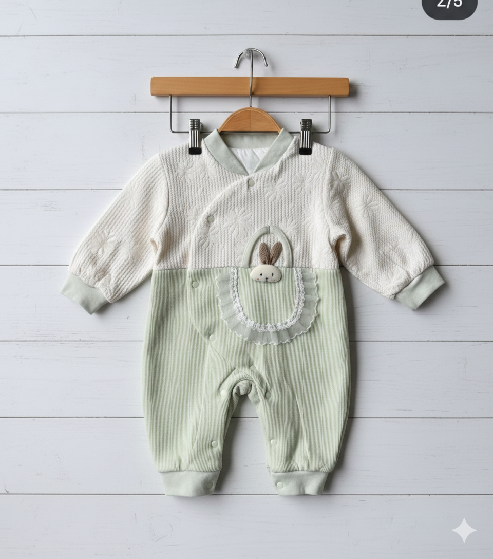 Baby romper with embroidered design on a wooden hanger against a light wooden floor.