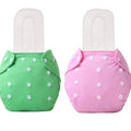 Two colorful cloth diapers, one green and one pink, on a white background.