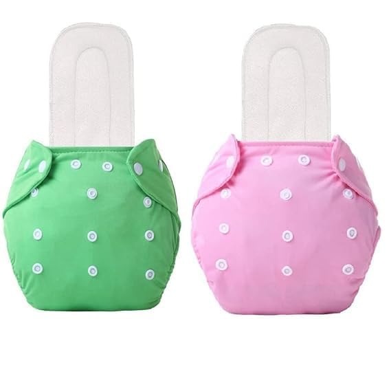 Two colorful cloth diapers, one green and one pink, on a white background.