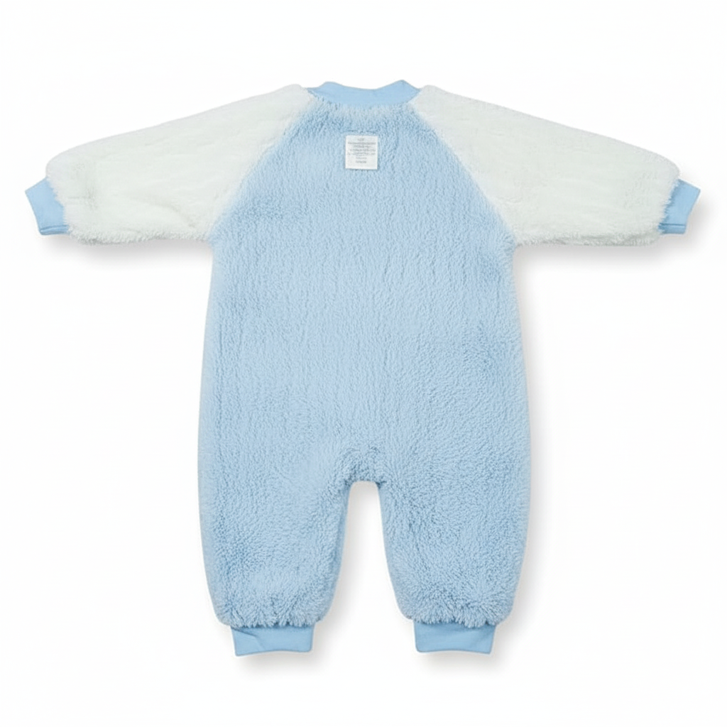 Blue baby onesie with white sleeves on a white background