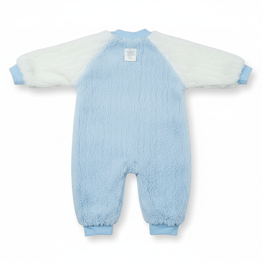 Blue baby onesie with white sleeves on a white background