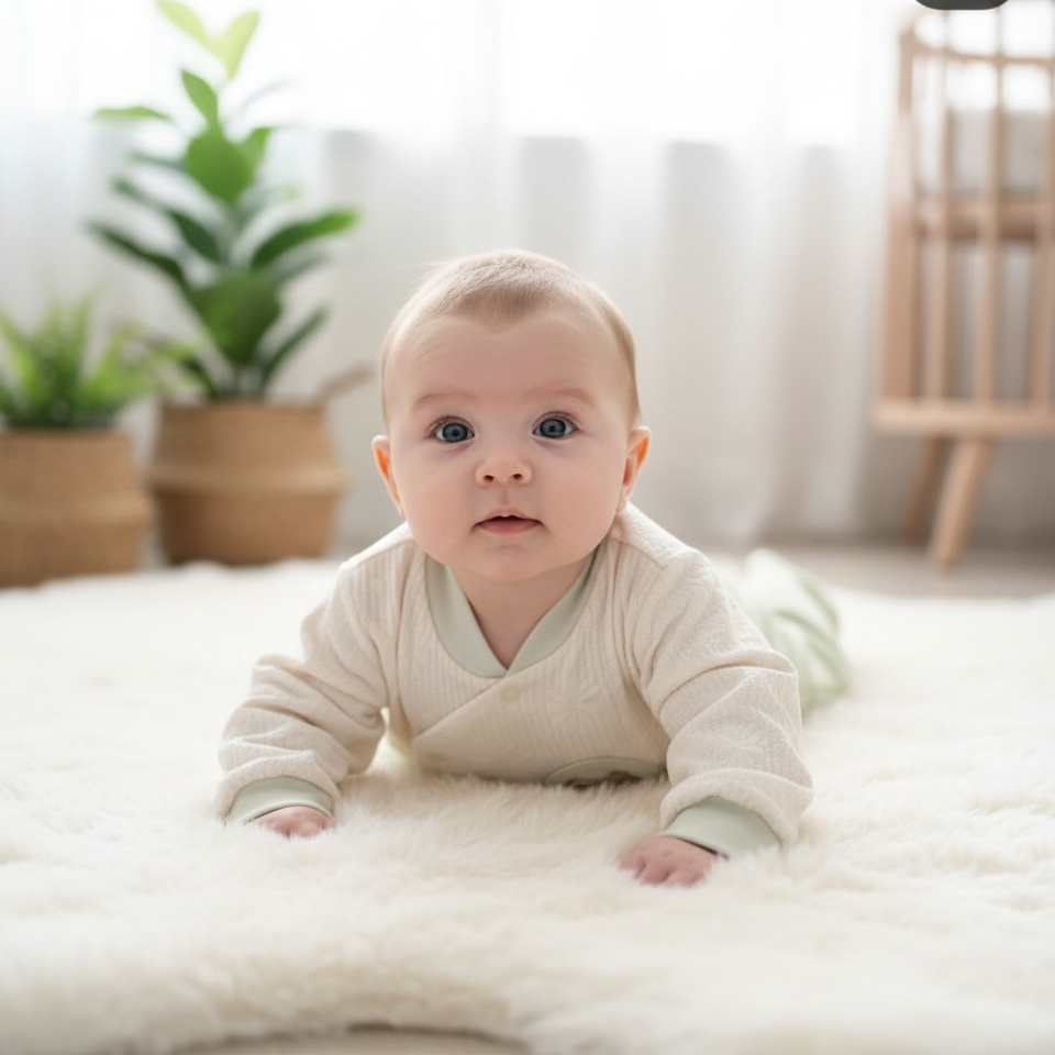 Baby in a white outfit lying on a soft surface with plants and a wooden crib in the background