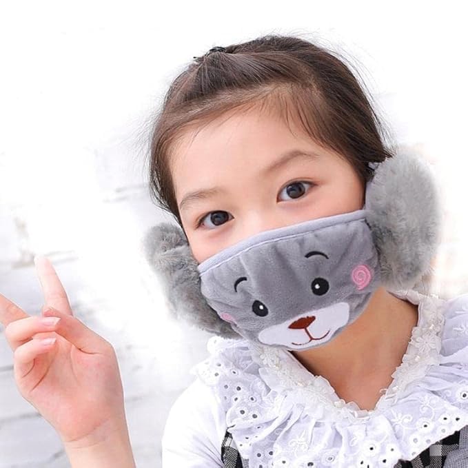 Child wearing a gray cartoon face mask with fluffy earmuffs on a white background