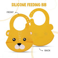 Yellow silicone feeding bib with lion design on a white background